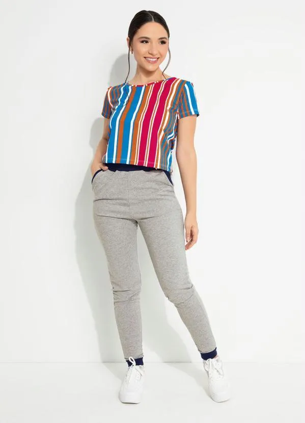 Moda Pop - Blusa Listrada Azul com Mangas Curtas 3