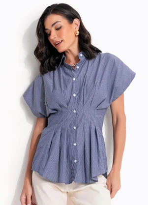 Quintess - Blusa Listrada Azul em Tecido Plano - QUINTESS