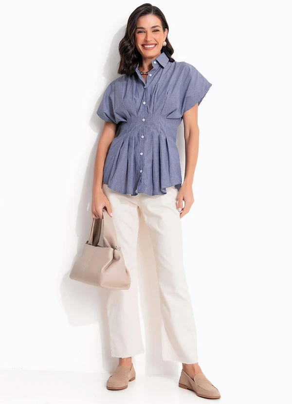 Quintess - Blusa Listrada Azul em Tecido Plano 3
