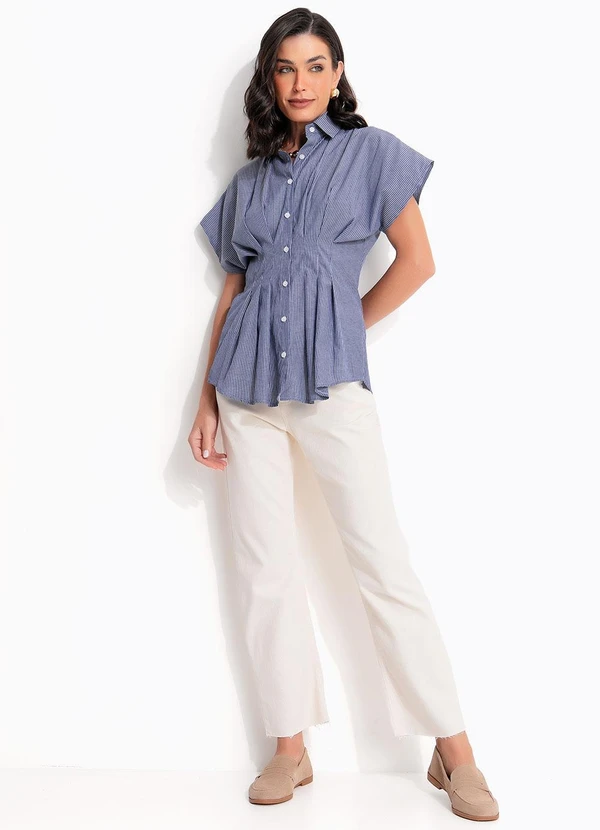 Quintess - Blusa Listrada Azul em Tecido Plano