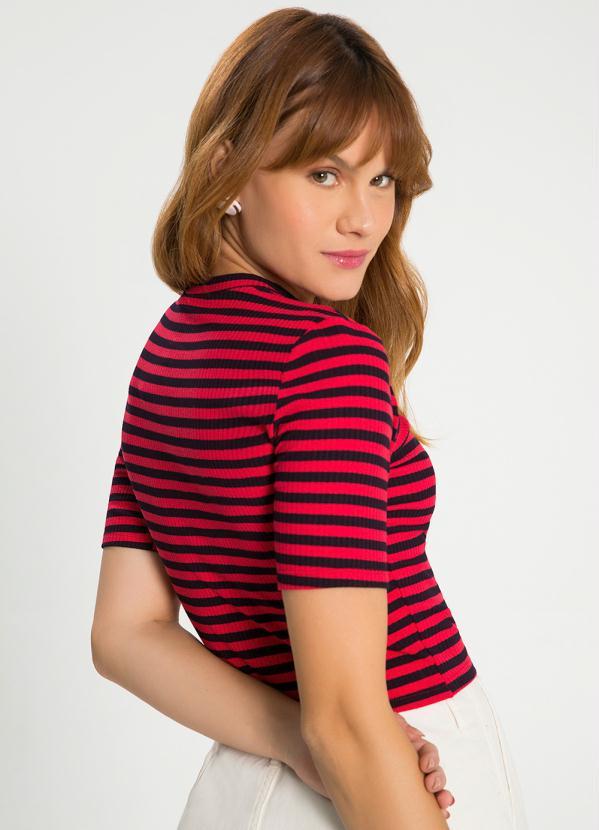 Lunender - Blusa Listrada Canelada com Gola Vermelho 2