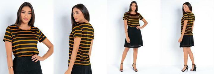 Blusa Listrada Caramelo com Mangas Curtas