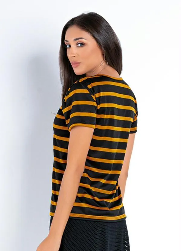 Moda Pop - Blusa Listrada Caramelo com Mangas Curtas 2