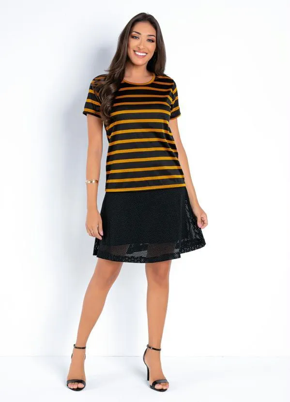 Moda Pop - Blusa Listrada Caramelo com Mangas Curtas 5