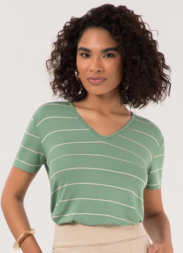 Lunender - Blusa Listrada com Decote em V Verde
