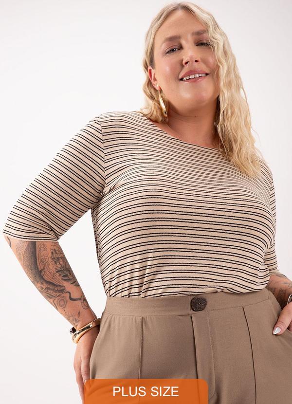 Lunender Mais Mulher - Blusa Listrada de Mangas Curtas em Malha Bege