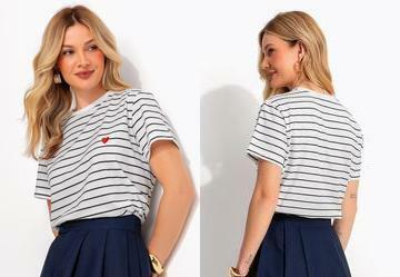 Blusa Listrada em Malha de Algod�o com Bordado de Cora��o