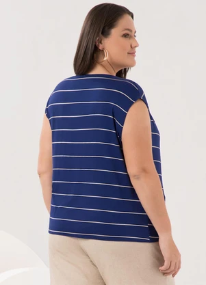Lunender Mais Mulher - Blusa Listrada Plus Size e Gola Degagê Azul - LUNENDER MAIS MULHER