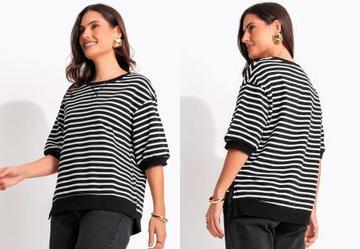 Blusa Listrada Preta em Moletinho de Algod�o