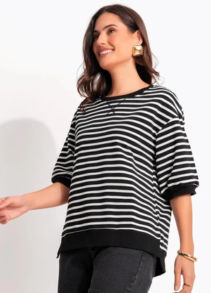 Quintess - Blusa Listrada Preta em Moletinho de Algodão - QUINTESS