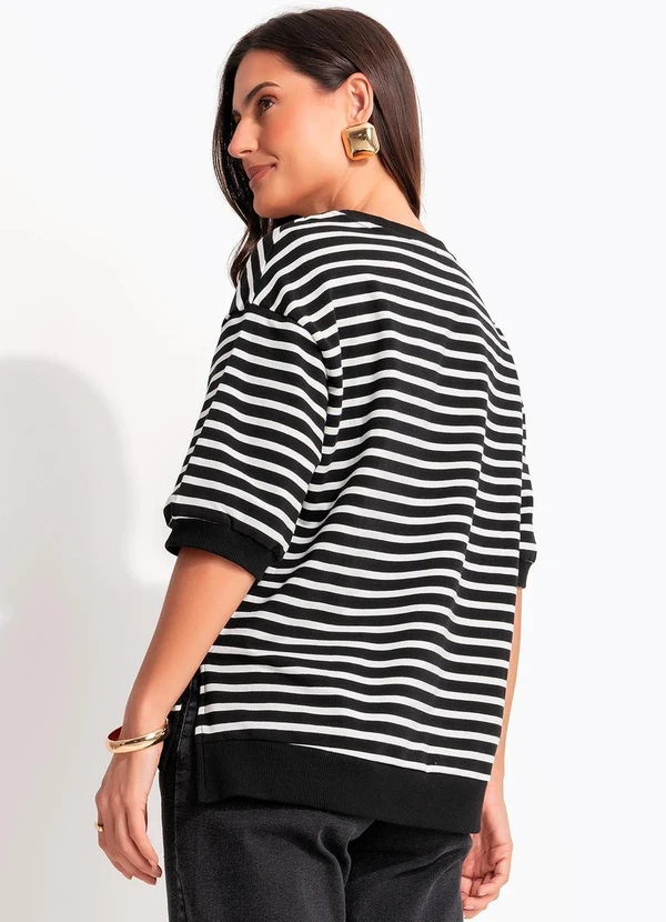 Quintess - Blusa Listrada Preta em Moletinho de Algodão 9