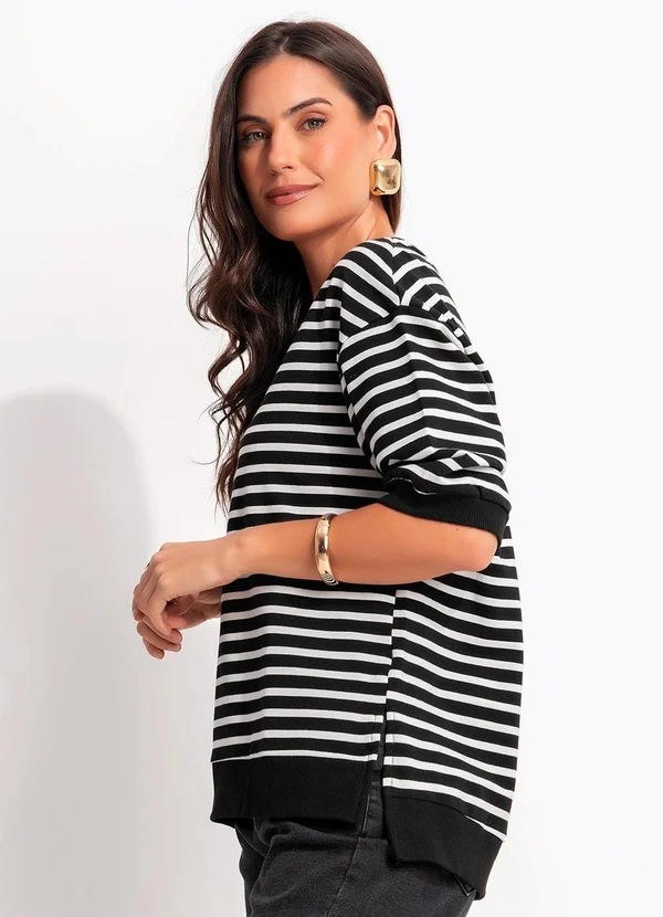 Quintess - Blusa Listrada Preta em Moletinho de Algodão 7