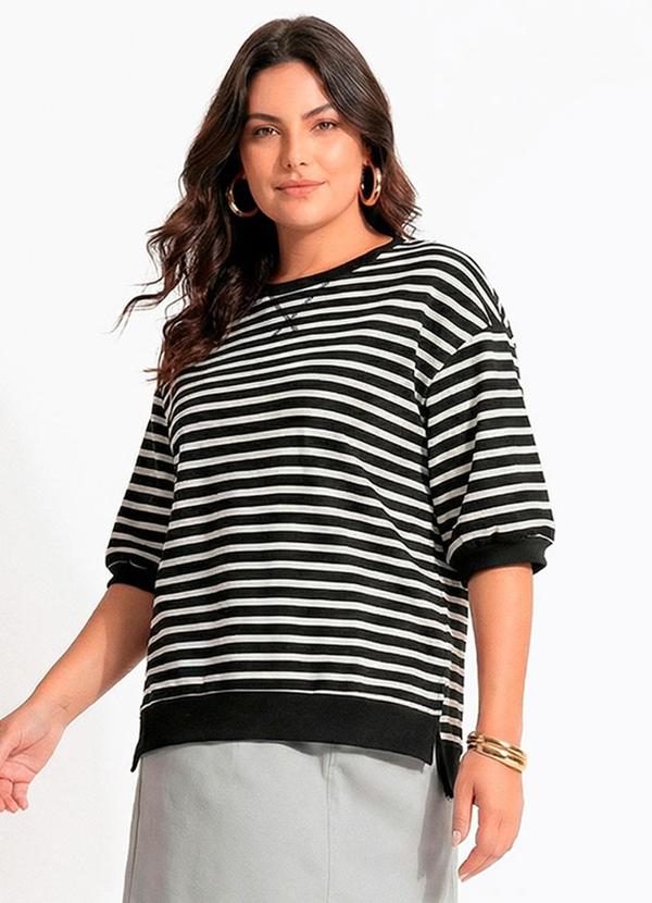 Quintess - Blusa Listrada Preta em Moletinho de Algodão