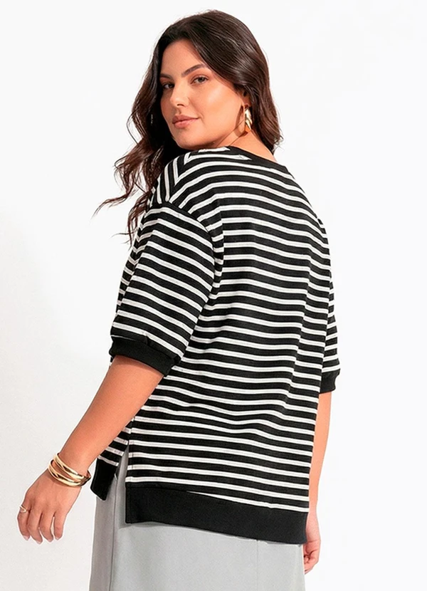 Quintess - Blusa Listrada Preta em Moletinho de Algodão 5