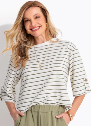 Quintess - Blusa Listrada Verde em Moletinho - QUINTESS