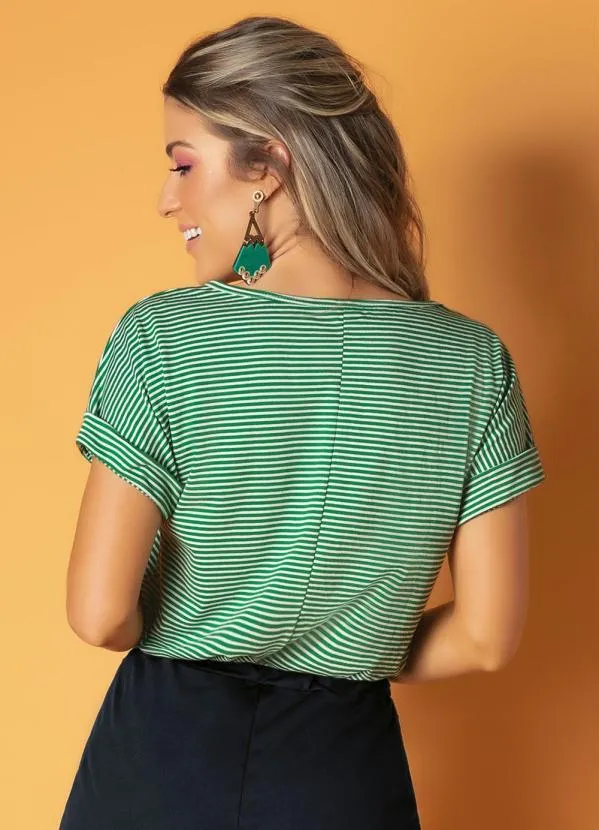 Moda Pop - Blusa Listrada Verde Mangas com Punho Dobrado 2