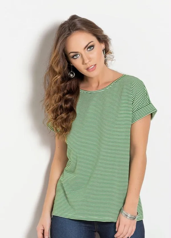 Moda Pop - Blusa Listrada Verde Mangas com Punho Dobrado 3