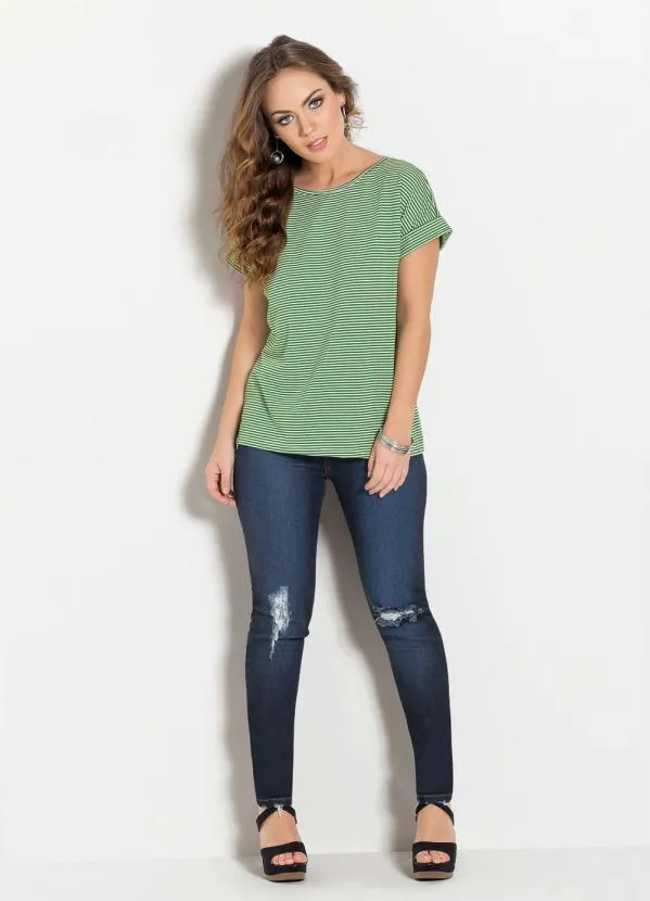 Moda Pop - Blusa Listrada Verde Mangas com Punho Dobrado 7