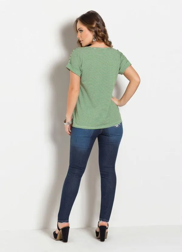 Moda Pop - Blusa Listrada Verde Mangas com Punho Dobrado 8
