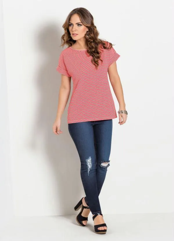 Moda Pop - Blusa Listrada Vermelha Mangas com Punho Dobrado 3