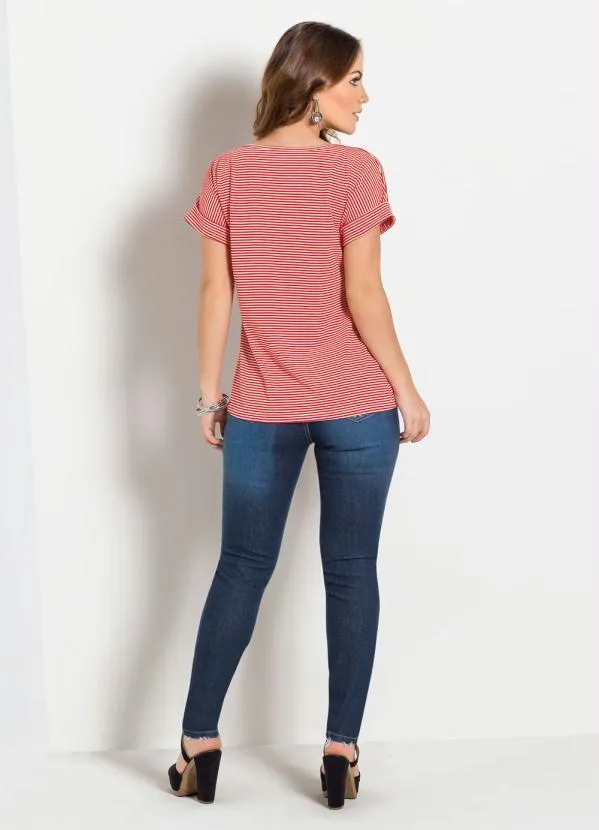 Moda Pop - Blusa Listrada Vermelha Mangas com Punho Dobrado 4