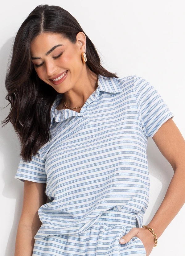 Quintess - Blusa Listrado Azul em Moletinho Eco Listrado