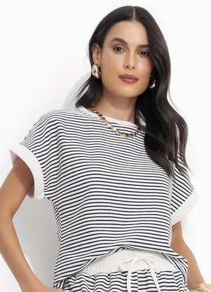 Quintess - Blusa Listrado Azul em Moletom - QUINTESS
