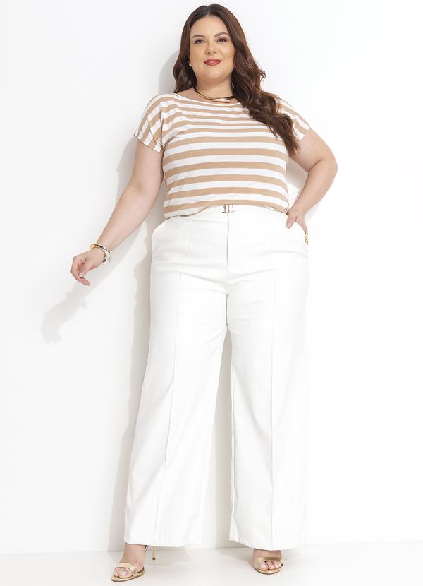 Quintess - Blusa Listrado Branco e Bege em Malha Crepe 3