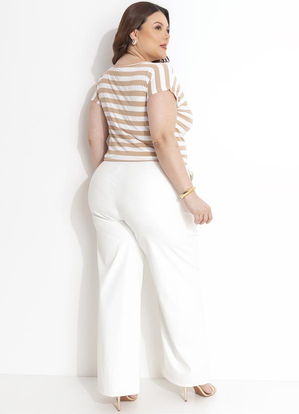 Quintess - Blusa Listrado Branco e Bege em Malha Crepe 2