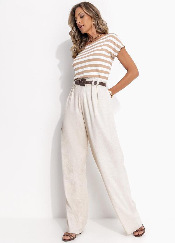 Quintess - Blusa Listrado Branco e Bege em Malha Crepe 9