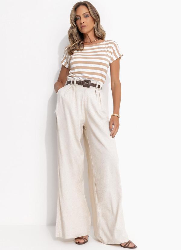 Quintess - Blusa Listrado Branco e Bege em Malha Crepe 7