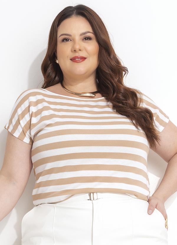 Quintess - Blusa Listrado Branco e Bege em Malha Crepe 5