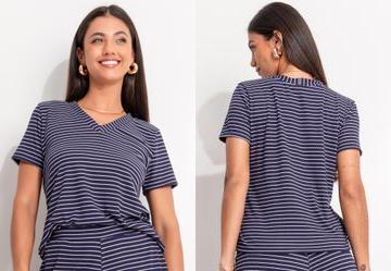 Blusa Listrado Marinho e Branco em Canelado