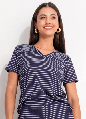 Quintess - Blusa Listrado Marinho e Branco em Canelado - QUINTESS
