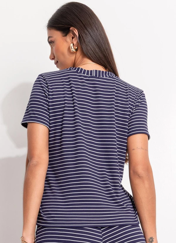 Quintess - Blusa Listrado Marinho e Branco em Canelado 2