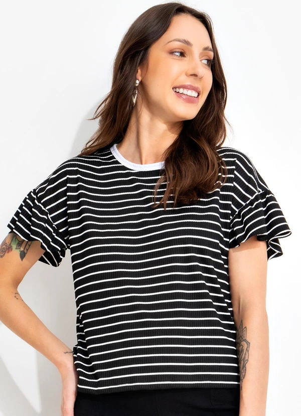 Bimini - Blusa Listrado Preto e Branco em Canelada
