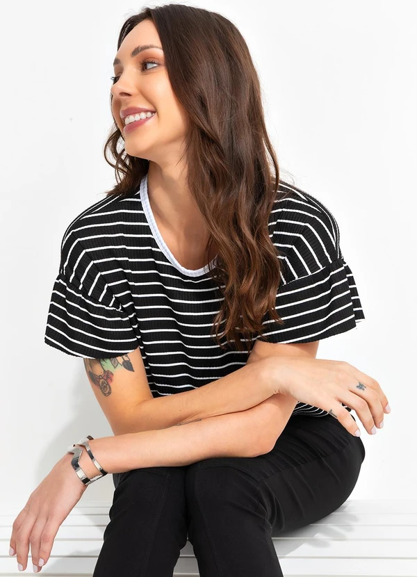 Bimini - Blusa Listrado Preto e Branco em Canelada 8