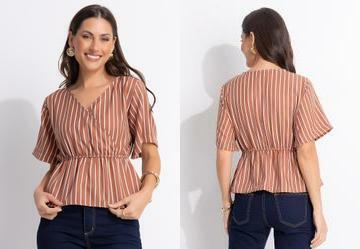Blusa Listrado Marrom em Poli�ster