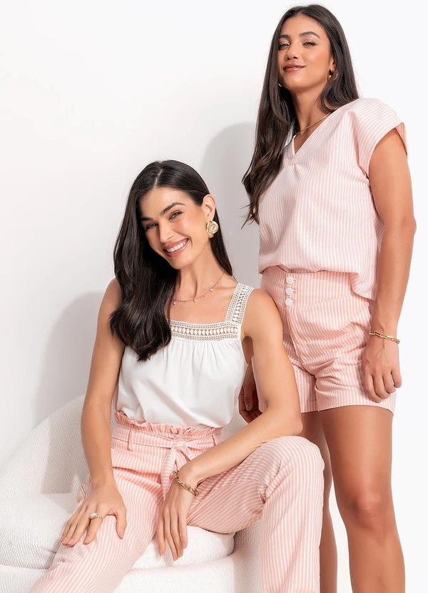 Quintess - Blusa Listrado Rosa em Tecido Plano Sustentável