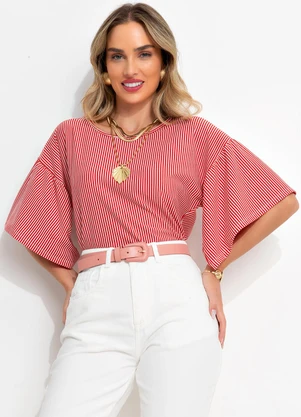 Bimini - Blusa Listrado Vermelho em Meia Malha Listrada - BIMINI