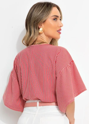 Bimini - Blusa Listrado Vermelho em Meia Malha Listrada - BIMINI