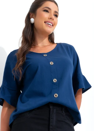 bonprix - Blusa Manga com Babado Azul Marinho - BONPRIX