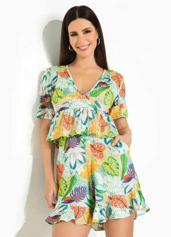 Queima Estoque - Blusa Manga com Babado Tropical Azul/Amarelo