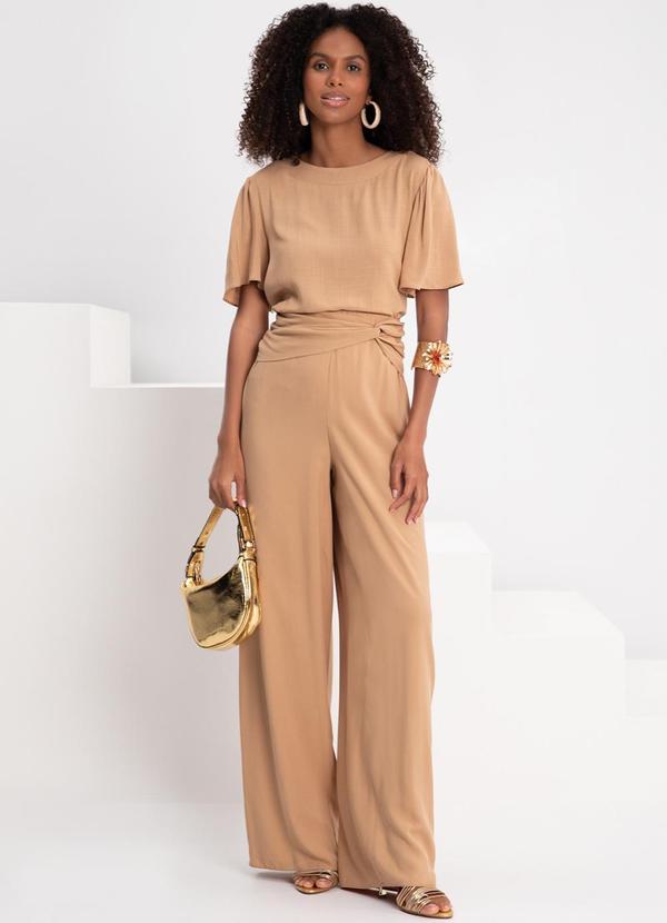 Lunender - Blusa Manga Curta Amplas Decote Redondo Bege 3