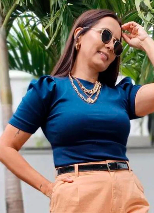 Outlet - Blusa Manga Curta Bufante Feminina Azul