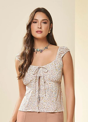 Doce Trama - Blusa Manga Curta com Amarração Estampado - DOCE TRAMA
