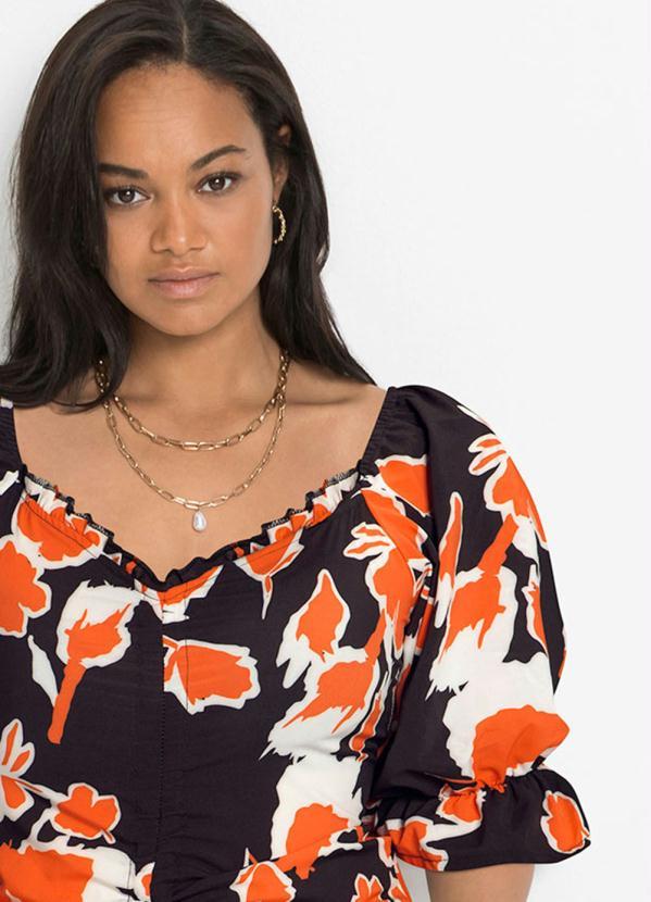 Outlet - Blusa Manga Curta com Amarração Floral Laranja 4