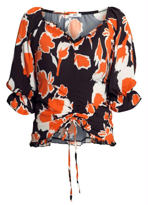 Outlet - Blusa Manga Curta com Amarração Floral Laranja 2