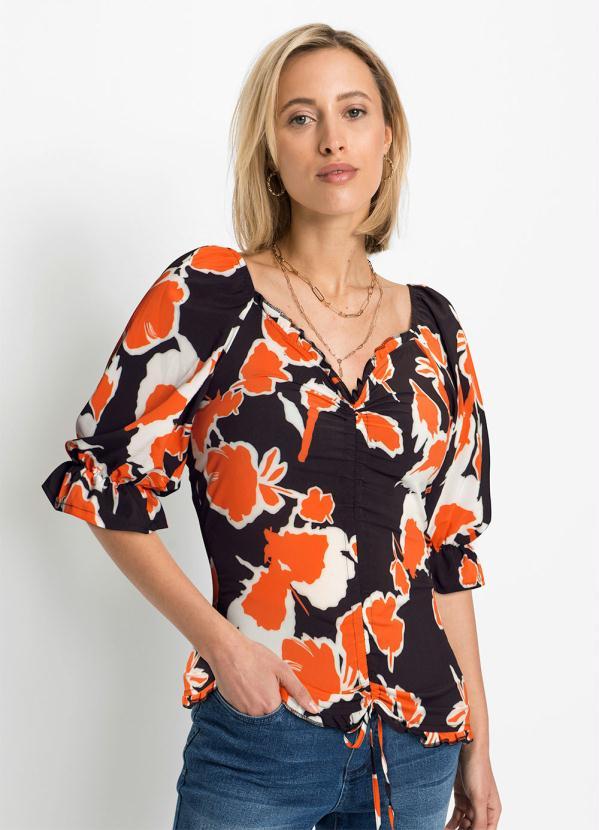 Outlet - Blusa Manga Curta com Amarração Floral Laranja 12
