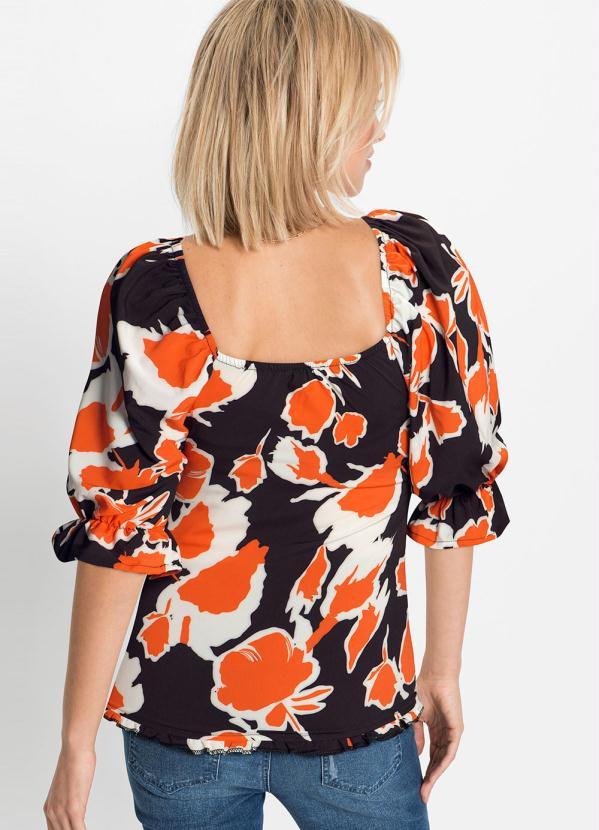 Outlet - Blusa Manga Curta com Amarração Floral Laranja 11